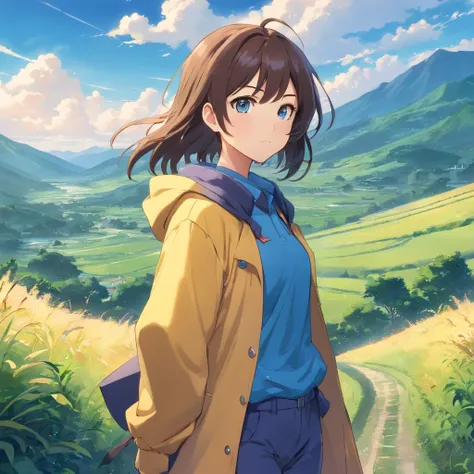 A girl in a yellow coat and blue pants stands in front of a landscape, single character, visual anime de uma menina bonito, anime illustration, anime moe artstyle, Iwakura Lain, hinata hyuga, retrato de corpo curto!, Fubuki, single character, como um perso...