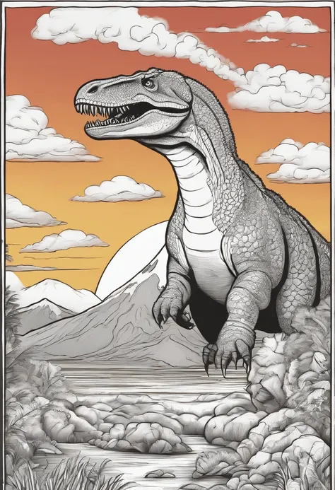 Coloring page for kids, Aelosaurus frente a un volcan en erupcion, Estilo de dibujos animados, thick lines, Bajo detalle, Sin sombreado: AR 9:11