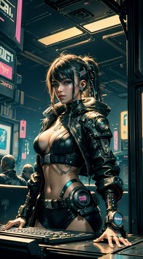 ((Best quality)), ((masterpiece)), (highly detailed:1.3), 3D, beautiful (cyberpunk:1.3) hacker woman with thick voluminous hair operating a computer terminal