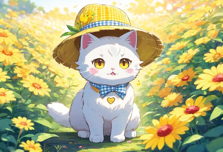 a cute adorable white cat, hello kitty style inspiration, wearing a yellow gingham dress, an hisbiscus flower in the style of a hat, beautiful wide eyes with hearts, surrounded with flowers, 2d, childrens coloring book, thick lines, vector art, pen art, be...