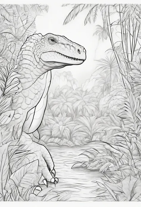 Coloring page for children, Estegosauro in a jungle, Cartoon style, thick lines, Low detail, No shading: AR 9:11