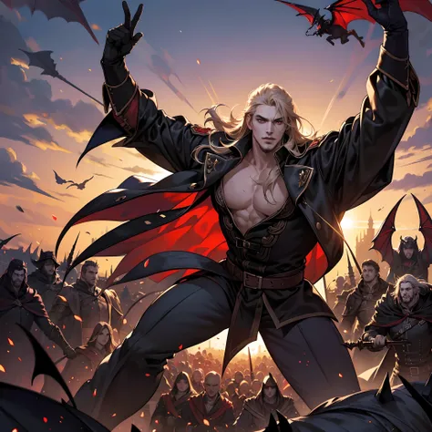 Castlevania Shadow Lord handsome muscular Lord Dracula leading troops armed with demons to war hyper realistic super detailed Dynamic pose super detailed faces hyper realistic super detailed