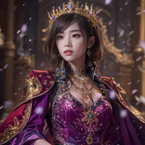 32K（tmasterpiece，k hd，hyper HD，32K）Short burgundy hair，Gold jewelry area in the back room，Flame Girl ，Yao Lang protector （realisticlying：1.4），Python pattern robe，Purple-pink tiara，Snowflakes fluttering，The background is pure，Hold your head high，Be proud，Th...