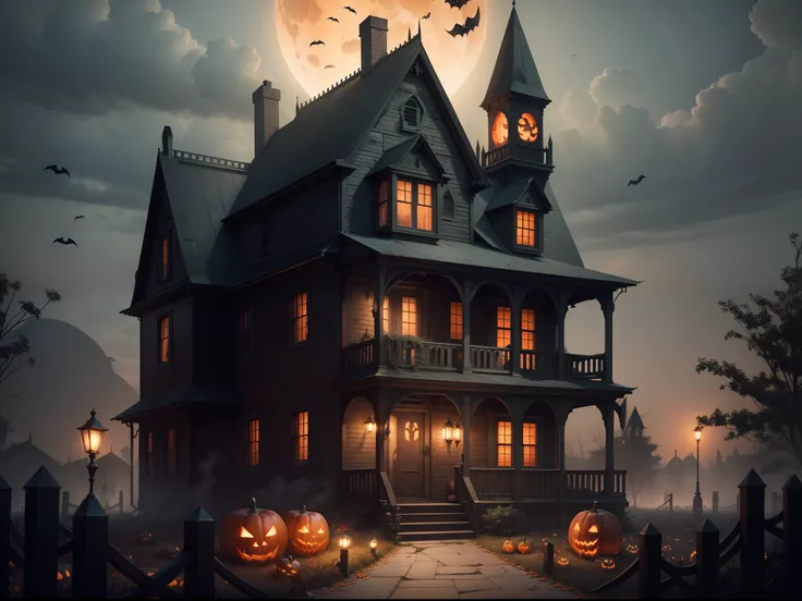 --AR 3:2 --q 2 --v 5.1 hyper realistic haunted house with cobwebs and halloween pumpkins