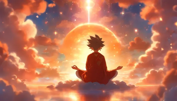 A boy meditating in a celestial place,illustration,tranquil atmosphere,peaceful surroundings,soft sunlight,serene expression,floating above the clouds,beautiful detailed eyes,gentle smile,hands in a meditative pose,sacred geometry patterns,ethereal backgro...