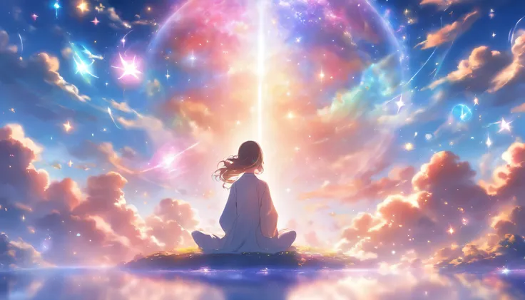 (best quality,ultra-detailed,realistic:1.37),a girl meditating in a celestial place,peaceful atmosphere,serene environment,gentle rays of light,ethereal beauty,pure white robe,halo of soft light,floats above the ground,dream-like surroundings,tranquil and ...