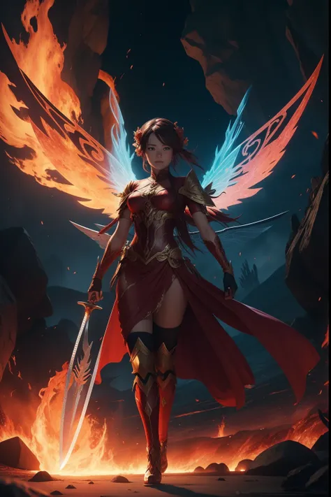 a captivating fairy of fire, lava, and tsunami with bio-mechanical wings and a sword