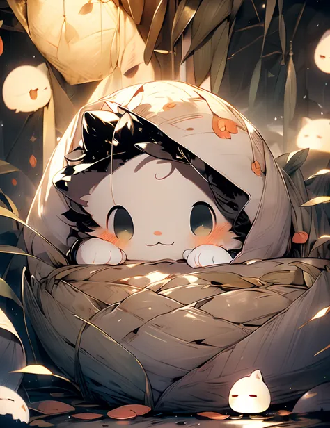 1cat, white cloak, smiling, ((glowing cat)brown eyes, hood up, no pupils, chibi, ghost, long sleeves, happy, cute, adorable