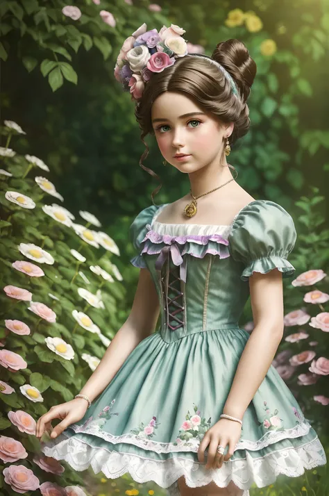 ((beste-Qualit)), ((tmasterpiece)), ((Realistic)), isabelmoner-smf, dora Victorian doll, hairstyle bun, Colorful, in the garden, vintage, Feminine Pose, Impasto painting, (Perfect), Complicated details, Extremely detailed, Raw, HDR, ((in the style of Danie...