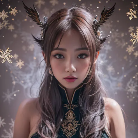 32K gradient glass texture（tmasterpiece，k hd，hyper HD，32K）Short purple-pink flowing hair，Pond area，Flame Girl ，Yao Lang protector （realisticlying：1.4），Python pattern robe，Black gold tiara，Snowflakes fluttering，The background is pure，Hold your head high，Be ...