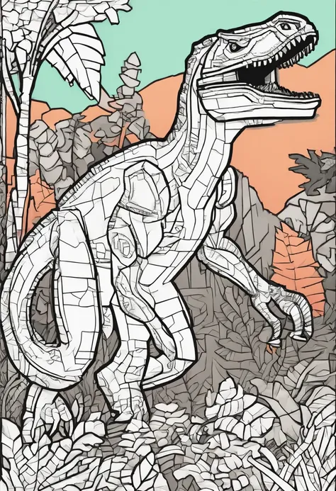 Coloring doodle for kids,velociraptor in a jungle, Animated doodle style, heavy lines, Low detail, No shading: AR 9:11