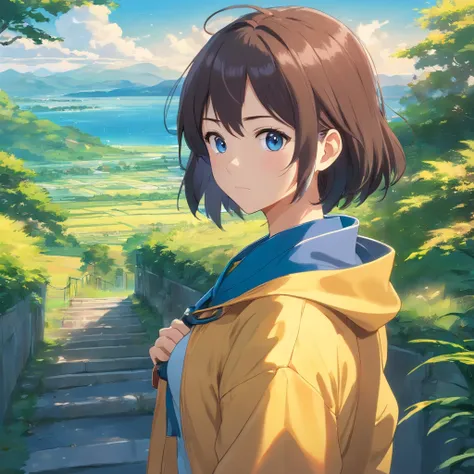 A girl in a yellow coat and blue pants stands in front of a landscape, single character, visual anime de uma menina bonito, anime illustration, anime moe artstyle, Iwakura Lain, hinata hyuga, retrato de corpo curto!, Fubuki, single character, como um perso...