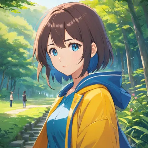 A girl in a yellow coat and blue pants stands in front of a landscape, single character, visual anime de uma menina bonito, anime illustration, anime moe artstyle, Iwakura Lain, hinata hyuga, retrato de corpo curto!, Fubuki, single character, como um perso...