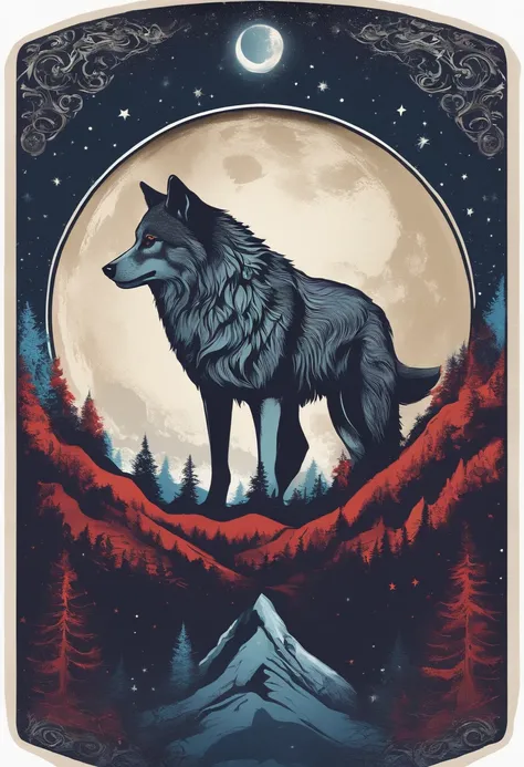 "A t-shirt design with a wolf silhouette inside a circle, crescent, and star