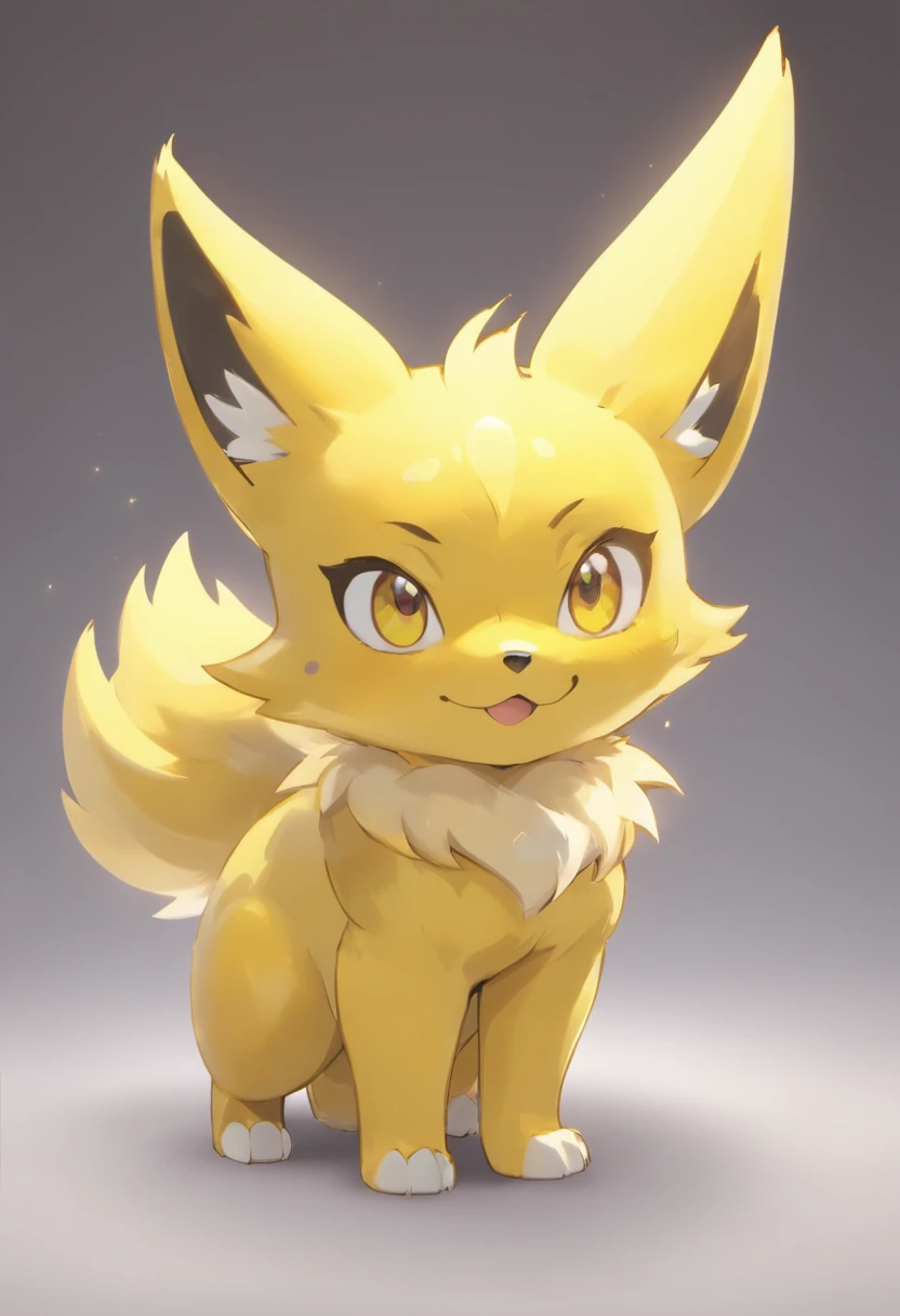 Ultra-high definition 3D, lindamente renderizado em detalhes, magical effect. The general atmosphere is tender, Fakemon, Wolf, biped, cute, antropormophic, cute eye, yellow wolf, no human, solo