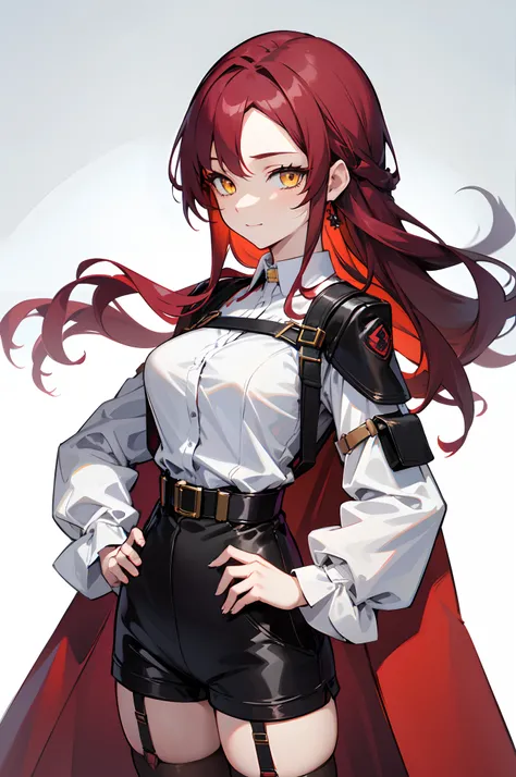 1girl, young woman, solo, scarlet red hair, long hair, big hair, forehead, yellow eyes, medium breasts,, little smile, (overcoat, black coat, open coat:1.2), white shirt, collared shirt, (chest harness, shoulder strap:1.15), black shorts, garter belt, thig...