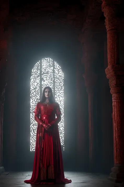 priestess of the red moon in intricate red clothes performing a ritual in an ancient temple, ((skin pores)), ((realistic skin texture)), (dark fantasy), low angle shot, cinematic, (side lighting), silhouette, film grain