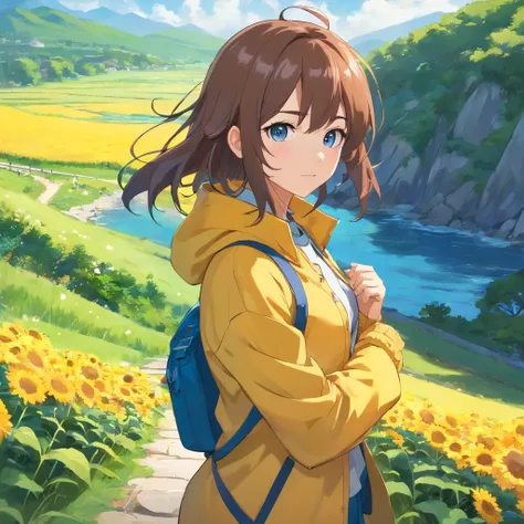 A girl in a yellow coat and blue pants stands in front of a landscape, viajante, single character, visual anime de uma menina bonito, cabelo azul, anime illustration, anime moe artstyle, Iwakura Lain, hinata hyuga, retrato de corpo curto!, Fubuki, single c...