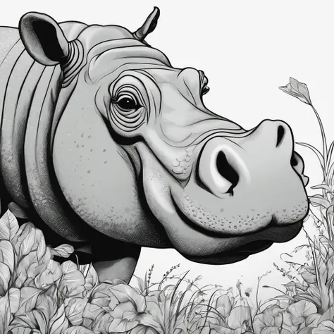 hippo, cartoon, plano de fundo do desenho de linha, fundo branco, monocromatic, desenho de linha, ((esquete)),  para colorir