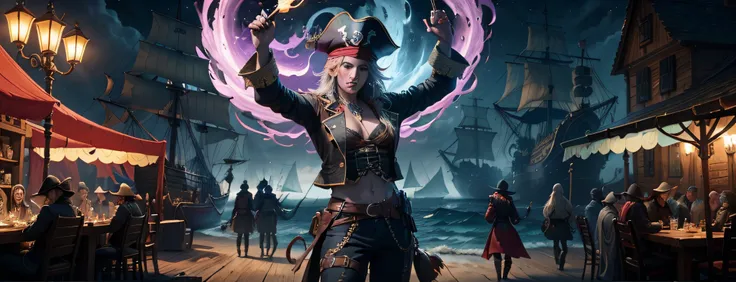 (additional tags: pirate flag, wooden ship, treasure chest, ocean waves, moonlight)

A pirate wench, radiating charm and confidence, stands on the left side of the pirate. She wears alluring lingerie, accentuating her curves and adding a touch of seduction...