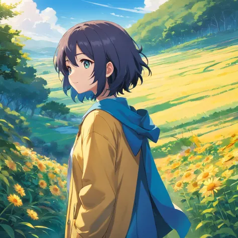 A girl in a yellow coat and blue pants stands in front of a landscape, cabelo azul, viajante, single character, visual anime de uma menina bonito, cabelo azul, anime illustration, cabelo azul, anime moe artstyle, Iwakura Lain, hinata hyuga, cabelo azul, re...