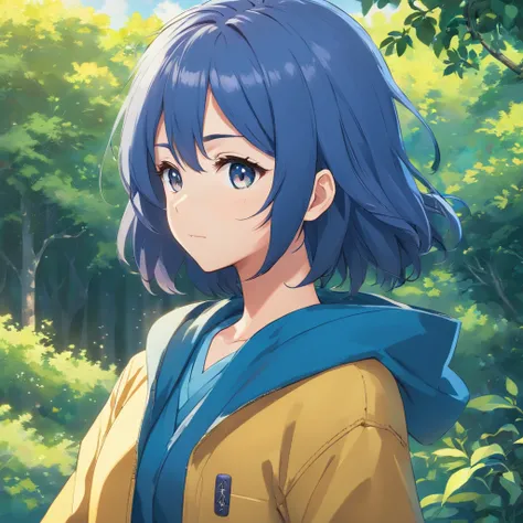 A girl in a yellow coat and blue pants stands in front of a landscape, cabelo azul, viajante, single character, visual anime de uma menina bonito, cabelo azul, anime illustration, cabelo azul, anime moe artstyle, Iwakura Lain, hinata hyuga, cabelo azul, re...