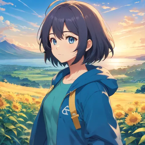 A girl in a yellow coat and blue pants stands in front of a landscape, cabelo azul, viajante, single character, visual anime de uma menina bonito, cabelo azul, anime illustration, cabelo azul, anime moe artstyle, Iwakura Lain, hinata hyuga, cabelo azul, re...