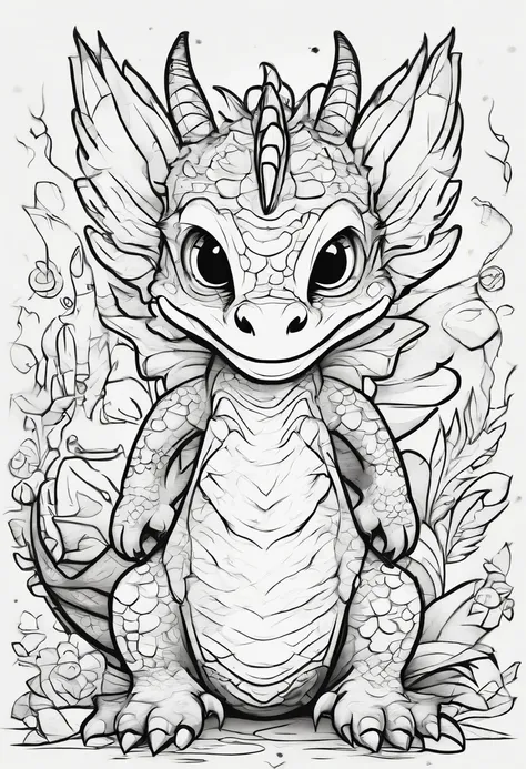 /imagine prompt: cute dragon illustration for a sticker with a black background, in bold outline style, jagged edges, trashcore, light shading --v 5.2