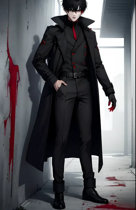 1boy, red eyes, tall, black hair, trench coat, shadows, horror, best quality, scars, blood, tall black boots, full body view, hd...