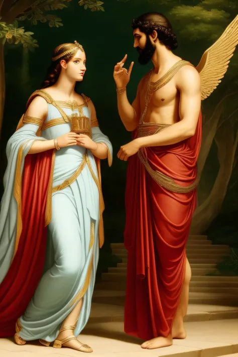 high details, (masterpiece, ultra-high resolution:1.4), Hermes, wings on the feet, messenger of the gods, talks to Calypsos to tell her that Odysseus must at last be allowed to leave so he can return home.