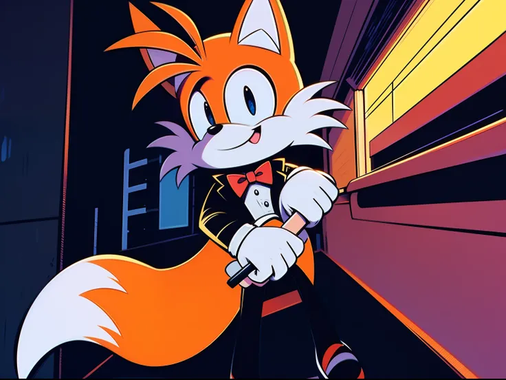 orange tails the fox dressed with cool pastel red tuxedo, happy, in the city, action flick, sunglasses, night, anime style, intricated details, masterpiece, 8k