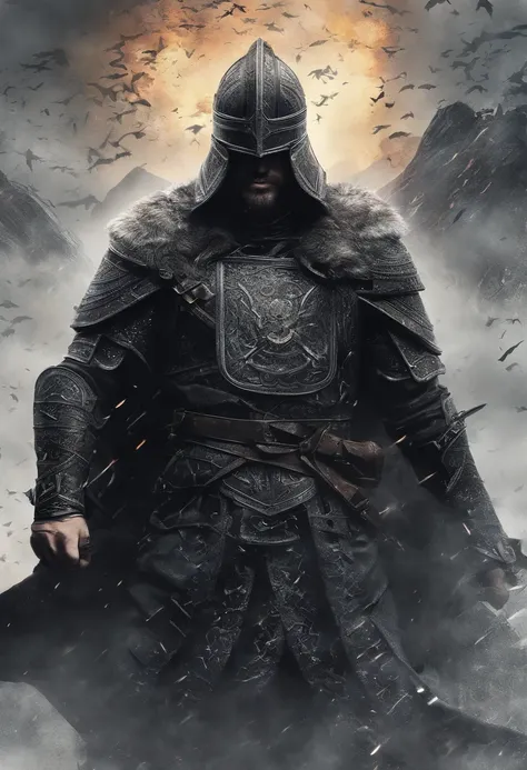 imagem ultra-realista de Ragnar Lothbrok (((gritando))), The legendary Norse warrior, in all its glory. Hes standing on a battlefield, vestindo uma armadura detalhada e intrincada, made of darkened metal with engraved Nordic runes. A armadura brilha sob a ...