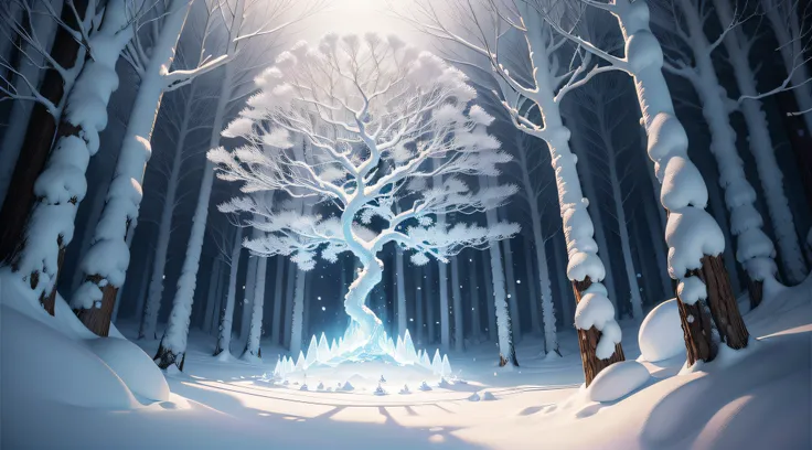 Snow crystal tree in a magical forest