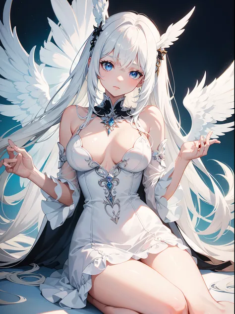 masterpiece, best quality, ultra -detailed, finely detail, White girl, angel, big wings, white hair, blue eyes, sexy, sexy pose, white dress, half body, long hair, fringe, black dress, black shoes, acessories, wings on the back