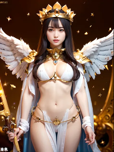 （Wearing a white micro bikini）、Professional , ​masterpiece、top-quality、photos realistic , depth of fields 、(A dark-haired) 、Glamorous body、（Gemstone White Metal Body:4.9),(Matte White、（）Particles of light、、（Random Hair Styles）、The ultimate beauty face in a...