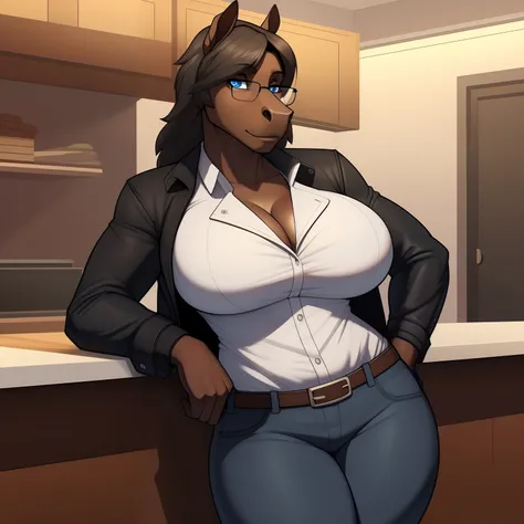 mature_horse female graying_black_mane long_loose_mane dark_brown_furry_body blue_eyes milf thick_thighs large_breasts glasses unbuttoned_jacket button_up_shirt pants standing_across_from_viewer leaning_forwards_onto_counter solo Masterpiece best_quality a...