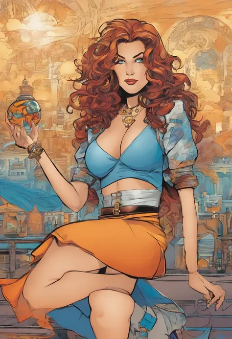 Personagem mulher de Quadrinho estilo alan moore,Jovem mulher de cabelo ruivo laranja e cacheado,Olho azul,Sarda no rosto,usando um vestido gotico,alta resolução,Mega qualidade,Ultra HD,quadrinho separado em 3 quadrados,Com a personagem,Ultra perfeito,Rost...