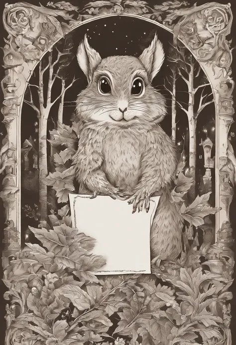 Desenhe uma cena da Floresta Encantada, majestic trees a squirrel holding a sheet of paper and an owl.