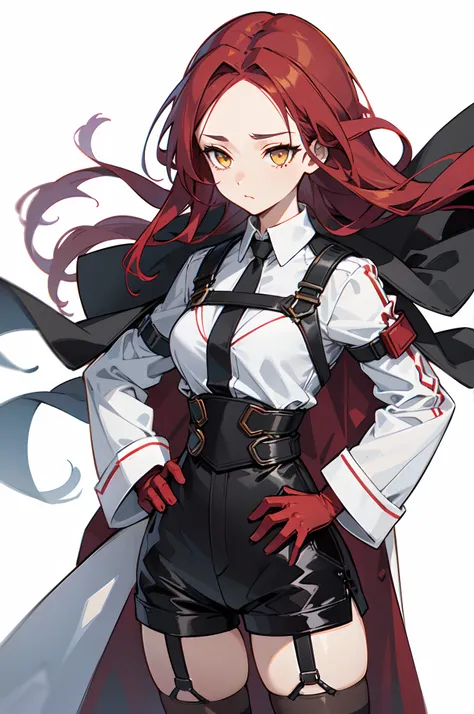 1girl, young woman, solo, scarlet red hair, long hair, big hair, (forehead), yellow eyes, medium breasts, neutral, (overcoat, black coat, open coat:1.2), white shirt, collared shirt, (chest harness, shoulder strap:1.15), black shorts, garter belt, thighigh...