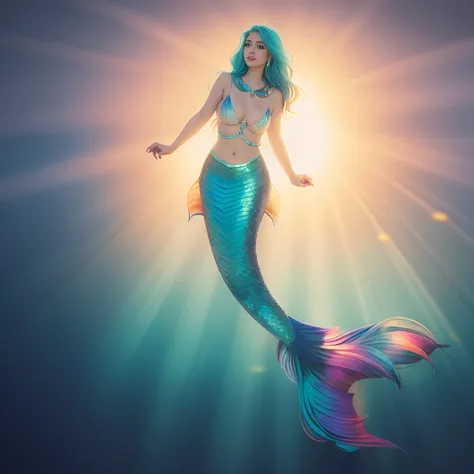 Background depicts undersea with glimmering sunset, mermaid with long hair and tail, blue mermaid, beautiful mermaid, mermaid body, well-dressed face, well-dressed hands