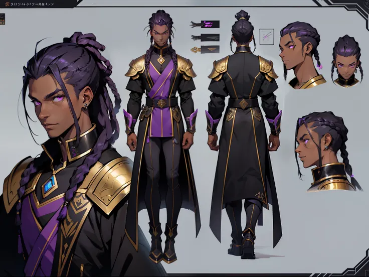 (character design sheet, same character, front, side, back), man, male, dark skin, slim build, cute, ethereal,  black ponytail dreadlocks hair,  glowing purple eyes, fur collar, futuristic emperor armor  outfit, beautiful