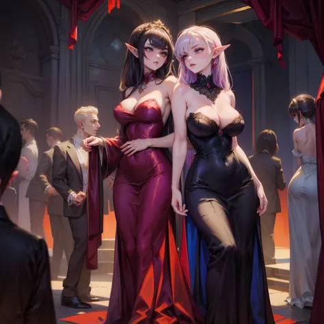 masterpiece, pixelart style, gorgeous vampir lady in a dark long dress with cleavage, at a underground party, big boobs, pointy ears,