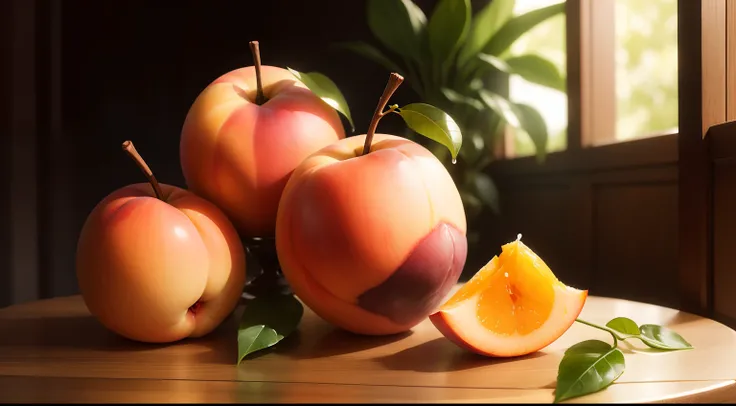 shows a table filled with fresh, juicy peaches, com suas cores vibrantes e aroma doce preenchendo o ar. Drops of water trickle gently down the fruits.