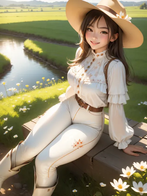 (masterpiece, best quality:1.2),,cowboy shot, solo, 1girl, mireyu, smile, looking at viewer, blouse, breastplate, white pants ,farmlands, countryside,river wide,hut,sitting on the grass,thigh boots, brown footwear, sunlight, petals,