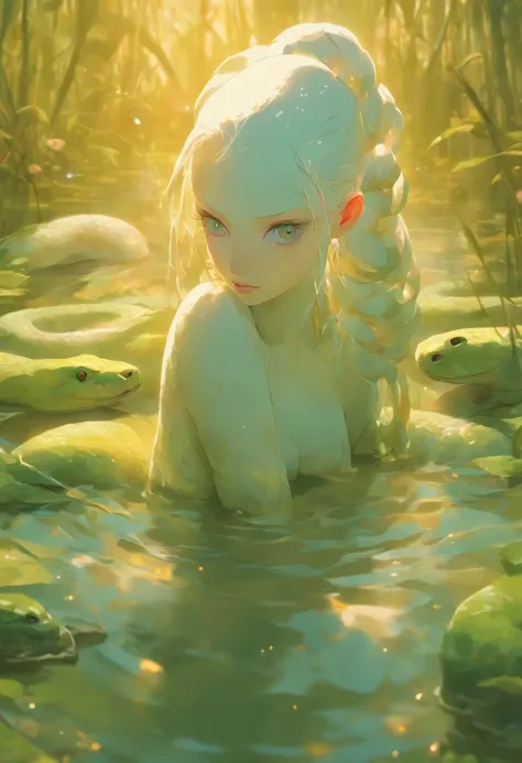 Tiro de medio cuerpo, Hyper-realistic photography in a swamp, Beautiful pale bald model, piel iridiscente, piel que parece vidrio, White albino python body moving in the water,