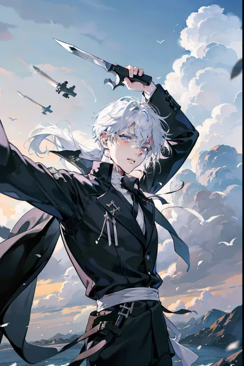 23 year old boy, white hair, wearing black/white ninja outfit, holding throwing knives, floating in the sky/clouds, controlling the wind/weather, absurdres, high res, ultrasharp, 8K, masterpiece, looking at viewer