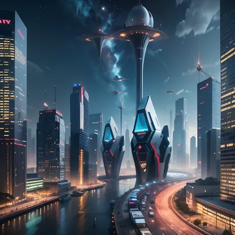 Enter a fascinating vision of the future through captivating futuristic imagery of the African city designed with African designs，african designed sculptures, Africa designed infrastructure, African designed spaceships, pierce the sky, The vibrant lights o...