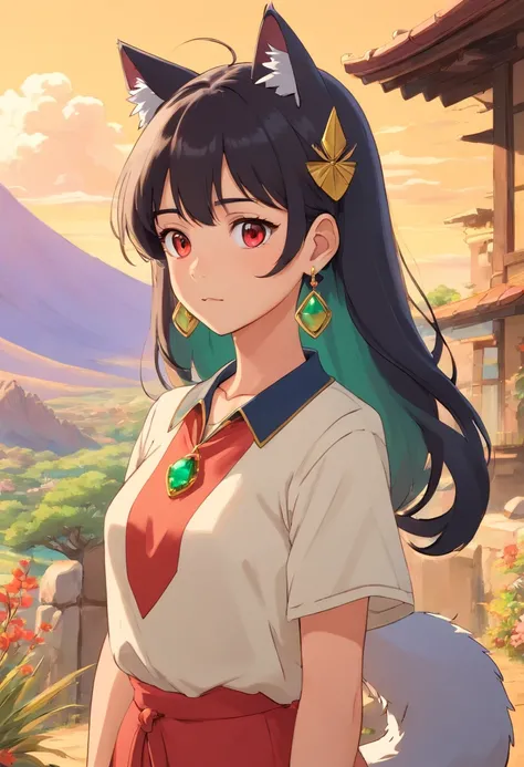 Girl in anime collar, Long necklace and earrings made of gold with emeralds, Jewelry in the hands of a girl, in the style of calm desert landscapes, Colorful animated footage, black hair, red-eyes, , Cat style, (Girlish cat ears), (Girls cats tail), Look S...