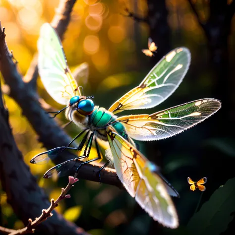 Cinematic close-up of a dragonfly flying over a daisy flower with vibrant colors, vintage lighting, dry tree branches, in an enchanted forest, with butterflies in a macro photo, autumn afternoon, in 16k