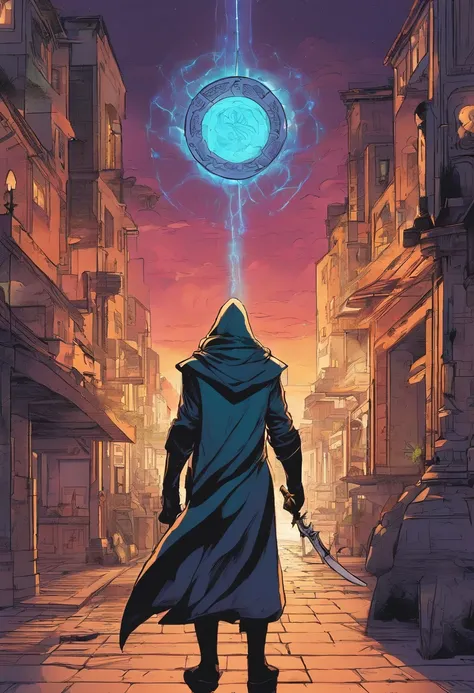 Night scene in a fictional city. A hooded figure holds the Blade of Dimensions. The blade glows faintly.The hooded figure begins to draw a portal in the air with the blade. The portal is formed by magical light lines.O portal se abre e revela um mundo para...